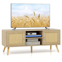 PE Rattan Media Console Table with 2 Cabinets and Open Shelves - Color: Natural - £95.98 GBP
