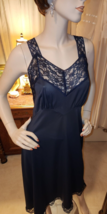 Vintage 1940s Dark Blue Full Slip Nightgown Lace Straps/hem M/L 36/38 - £38.26 GBP