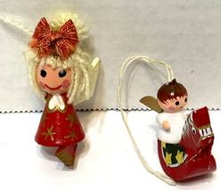 Vintage Miniature Lot of 2 Christmas Wooden Angel Ornaments 1.5 to 2.25 Inches - £12.94 GBP
