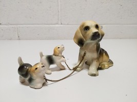 Mother With Puppies Dog Figure Beagle Basset Hound Ceramic Pups On Chain Japan - $10.89