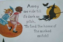 Halloween Postcard Kids Flying On Pumpkin Chases A Witch 857 FA Owen - £28.48 GBP
