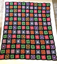 VTG Knit 60&quot;x48&quot; Granny Core Square Black Afghan Crochet Throw Blanket Roseanne - £62.29 GBP