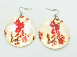 Mother Of Pearl Cherry Blossom Flower Painted Shell Pierced Earrings - £10.90 GBP