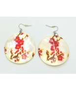 Mother Of Pearl Cherry Blossom Flower Painted Shell Pierced Earrings - $19.01 CAD