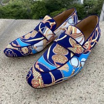 Luxury Satin Shoes Men Round Toe Mixed Color Blue Flat Shoes Man Fashion Loafer  - £115.57 GBP