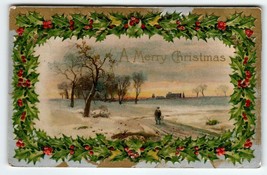 Christmas Postcard Man Walking Dog In Country Snow Winsch Back 1909 Germany - £11.98 GBP