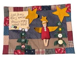 Primitive Folk Art Quilt Wall Hanging Angel Doll Stars Buttons OOAK Sign... - $49.50