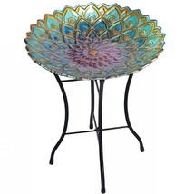 Round 18-inch Peacock Style Glass Mosaic Flower Birdbath with Metal Stand - $139.99