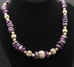 925 Sterling Silver - Vintage Ribbed Sphere &amp; Charoite Pattern Necklace - NE3909 - £180.66 GBP