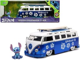 Volkswagen T1 Bus Candy Blue and White with Stitch Diecast Figurine and Surfboa - £42.95 GBP