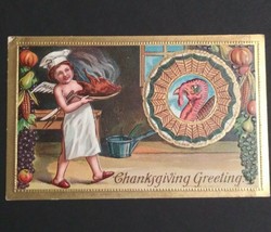 Thanksgiving Greetings Angel Serving Turkey Embossed 1909 Antique Postcard - $6.99