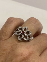 Vintage Red Garnet White Sapphire Flower Ring 925 Sterling Silver Size 6.5 - £88.85 GBP
