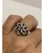 Vintage Red Garnet White Sapphire Flower Ring 925 Sterling Silver Size 6.5 - £91.01 GBP