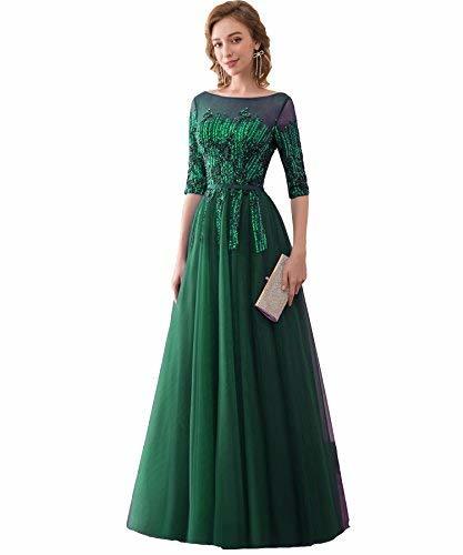 Kivary Vintage Grass Beaded Long Tulle Prom Evening Dress Emerald Green US 12