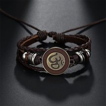 Black Brown Rope Chain Leather Bracelets With Antique Gold Om/Ohm/aum Charm Adju - £8.76 GBP
