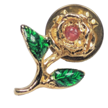 Vintage Gold-Tone Metal &amp; Green Enamel Rose Flower Pin Pink Rhinestone L... - $6.79