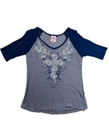 Petrol Women’s Embellished V-Neck Graphic Top Gray &amp; Navy 3/4 Sleeve Siz... - $19.79