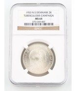 1953-H NS Danemark 2 Kroner Pièce Argent MS-64 NGC Greenland Tuberculose... - $3,664.71 MXN