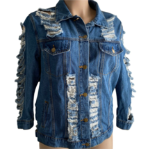 Denimland Paris Collection Jean Jacket Women M Destroyed Embroidered Rhi... - $12.95