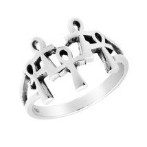 Unique Row of Linked Egyptian Ankh Symbols Sterling Silver Ring-10 - £11.42 GBP