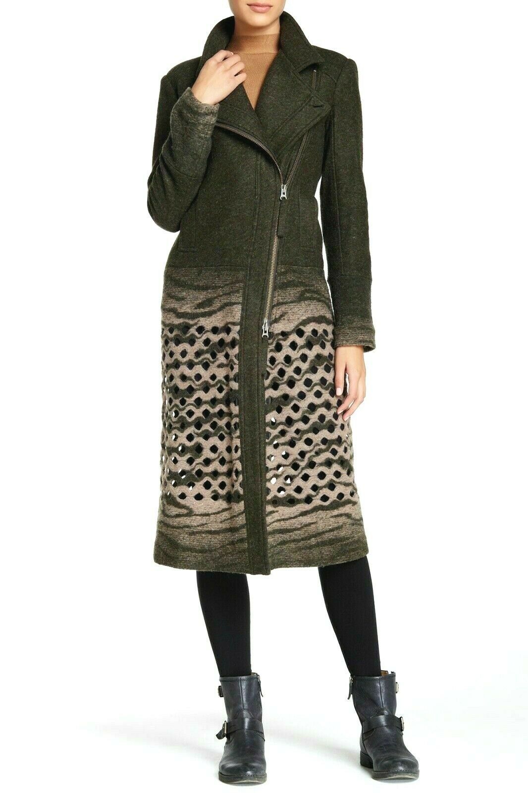 Primary image for L.A.M.B  LASER CUT BOILED WOOL OLIVE GREEN MAXI LONG ZIPPERED COAT SZ 8NWT