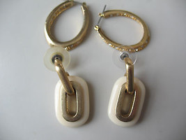 2 Pairs Earrings Gold Tone Pierced Faux Rhinestones White Dangle Hoops  - £12.09 GBP