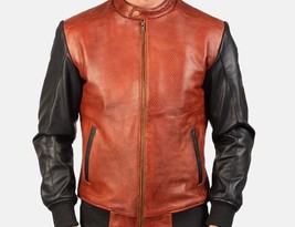 New Men Handmade Black &amp; Maroon Leather Fashion Biker Jacket - £128.30 GBP