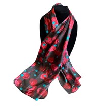 Womens Satin Black Pink and Teal Flower Scarf 13&quot; x 58&quot; - $10.80