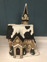 Porcelain Lighted Village Church Building Snow Covered Steeple Brick Chapel - £19.48 GBP