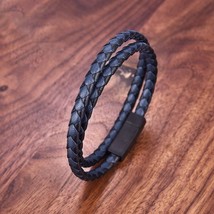 Simple Style Men's Black Genuine Leather Bracelet Classic Stainless Steel Insert - £13.78 GBP