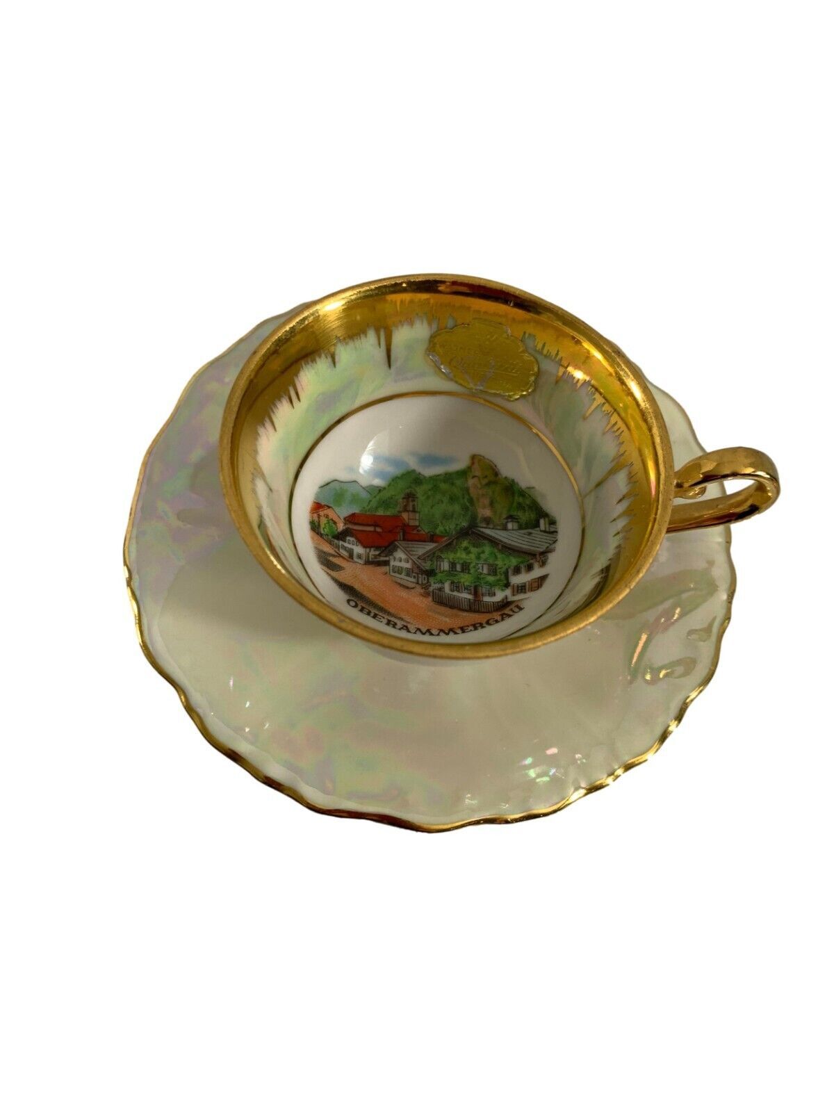 Primary image for Demitasse Cup Saucer Teacup Germany Souvenir Gold Ornate Oberammergau