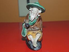 Chinese Mud Man Men 3&quot; Brown Green Yellow seated pipe China Mudman Antiq... - $56.86 CAD