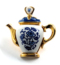 VTG Floral Teapot Blue &amp; White Porcelain Flowers Leaves Gold Tone Pin Avon - £10.27 GBP