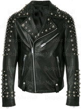New Men&#39;s Black Punk Rock Silver Spiked Studded Cowhide Biker Leather Jacket-647 - £276.54 GBP