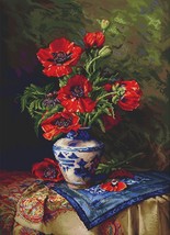 Red Poppy flowers cross stitch blackwork pdf pattern, Dutch Still Life c... - £17.05 GBP