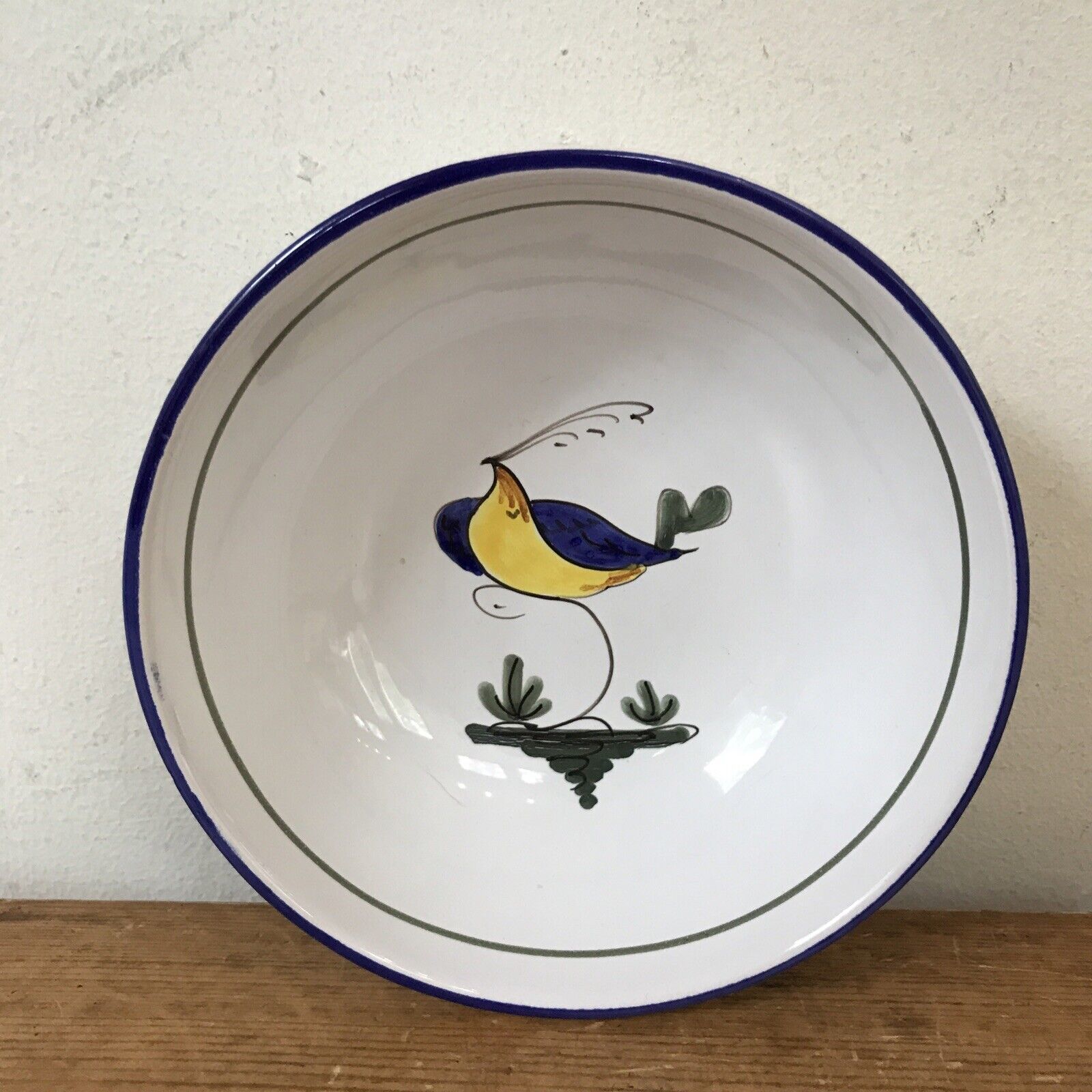 Primary image for Set Lot 3 Vintage Handpainted Portuguese Stoneware Blue Bird Dessert Bowls 5.75“