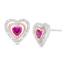 0.75CT Rubis &amp; Imitation Diamant Double Coeur Clou Boucles 14k Plaqué or Blanc - £62.20 GBP