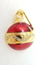Christmas Ornament Pin Gold Red Colored Glass Band Round Vintage - $16.10