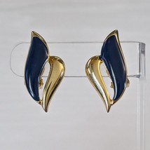 Vintage Clip On Earrings Stylish Blue &amp; Gold Tone Large 1 &amp; 3/8&quot; - £11.79 GBP