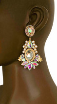 3&quot; Long Vintage Inspired Earrings Aurora Borealis Crystals White Faux Pearls - £13.70 GBP