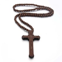 Men Brown Jesus Crucifix Cross Pedant Wood Necklace Christian Jewelry Ball Chain - £15.66 GBP
