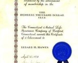 1938 Connecticut Mutual $100,000 Club Certificate Insurance Sales Award - $24.72