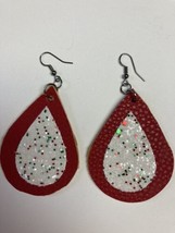 Red white sprinkles sparkle Teardrop Faux Leather Hand made Earrings Double Side - £4.45 GBP