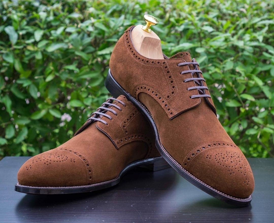 NEW  Handmade Suede Shoes, Men's Brown Brogue Suede Shoes, Mens Cap Toe Lace Up