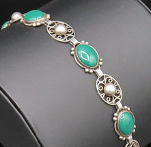 MORALES MEDRANO 925 Silver - Vintage Green Onyx &amp; Bead Ball Bracelet - B... - £84.20 GBP