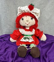 Vintage 1980s Strawberry Shortcake 24” Handmade Doll Bonnet Red Dress Apron - £50.27 GBP
