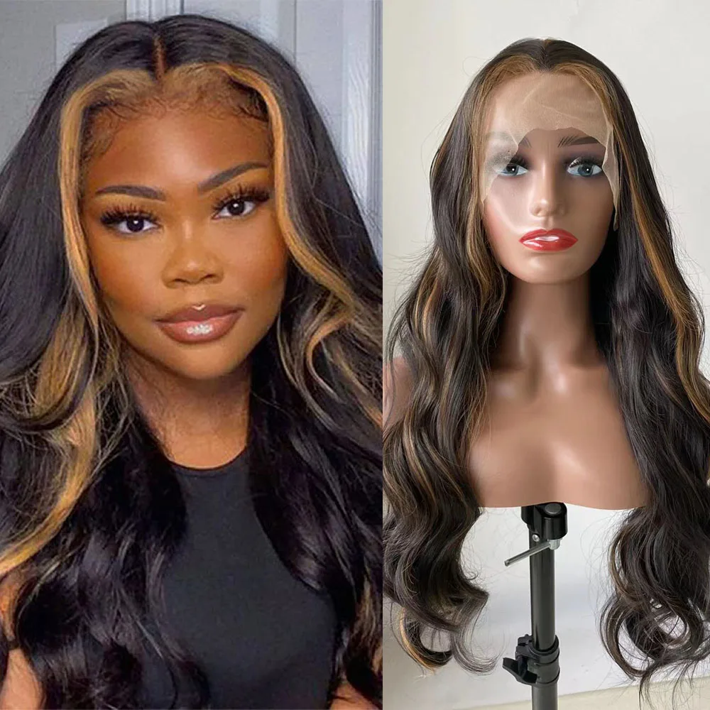 RONGDUOYI Black Highlight Brown Middle Part Body Wave Synthetic Lace Front Wi - £45.65 GBP+