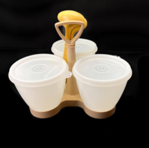 Tupperware 757 Condiment Serving Caddy Tan 3 Containers Lids &amp; Spoons Vintage - £15.80 GBP