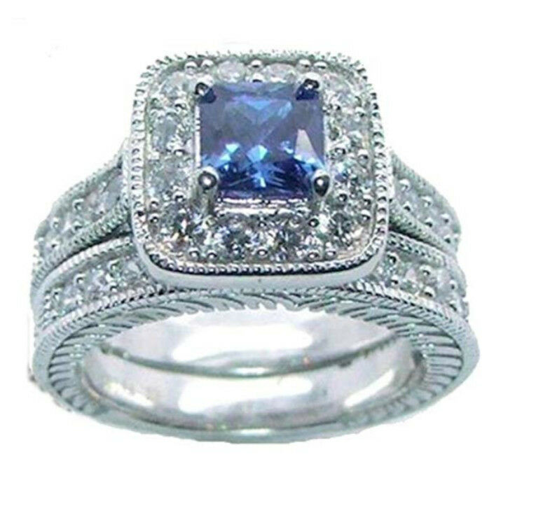 Women's Halo Sapphire Blue Cz Sterling Silver Wedding Ring Set - $49.99