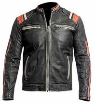  Cafe Racer Retro Distress Black Motorbike Orange Racing Cowhide Leather Jacket  - £99.14 GBP